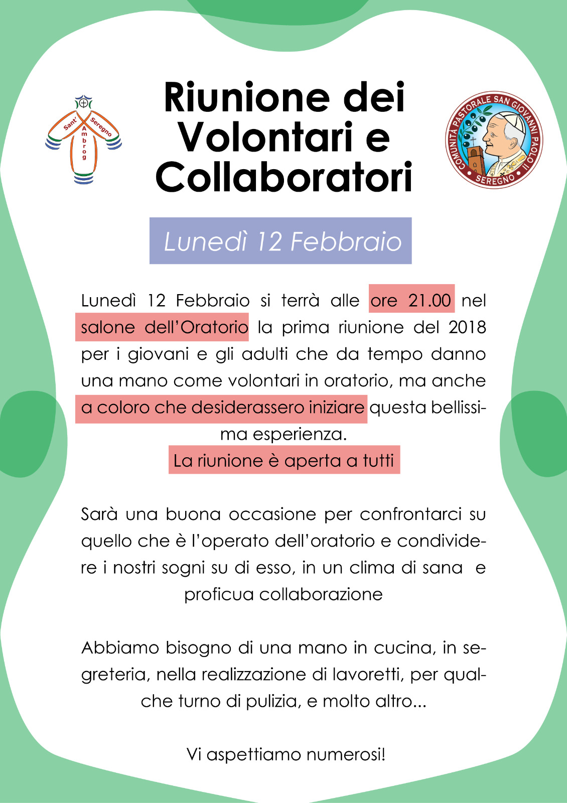 12 febbraio 2018 riunione dei volontari e collaboratori