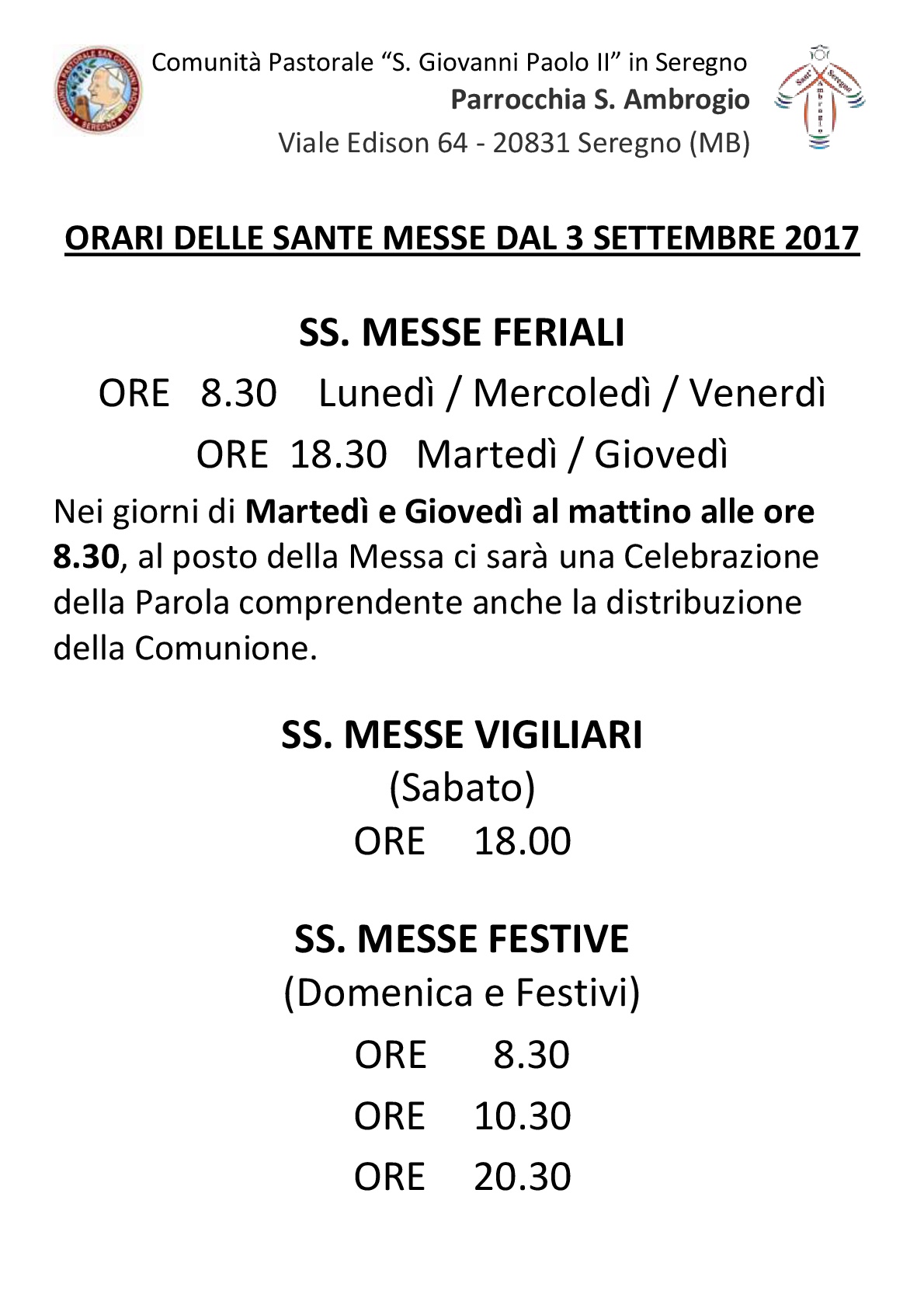  Nuovi orari Ss. Messe dal 3 settembre 2017