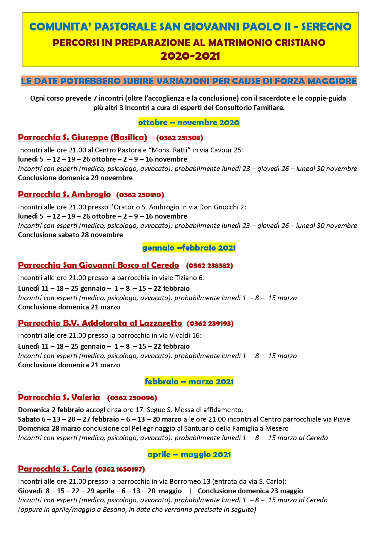 Calendario dei percorsi in preparazione al matrimonio cristiano per il 2020-2021