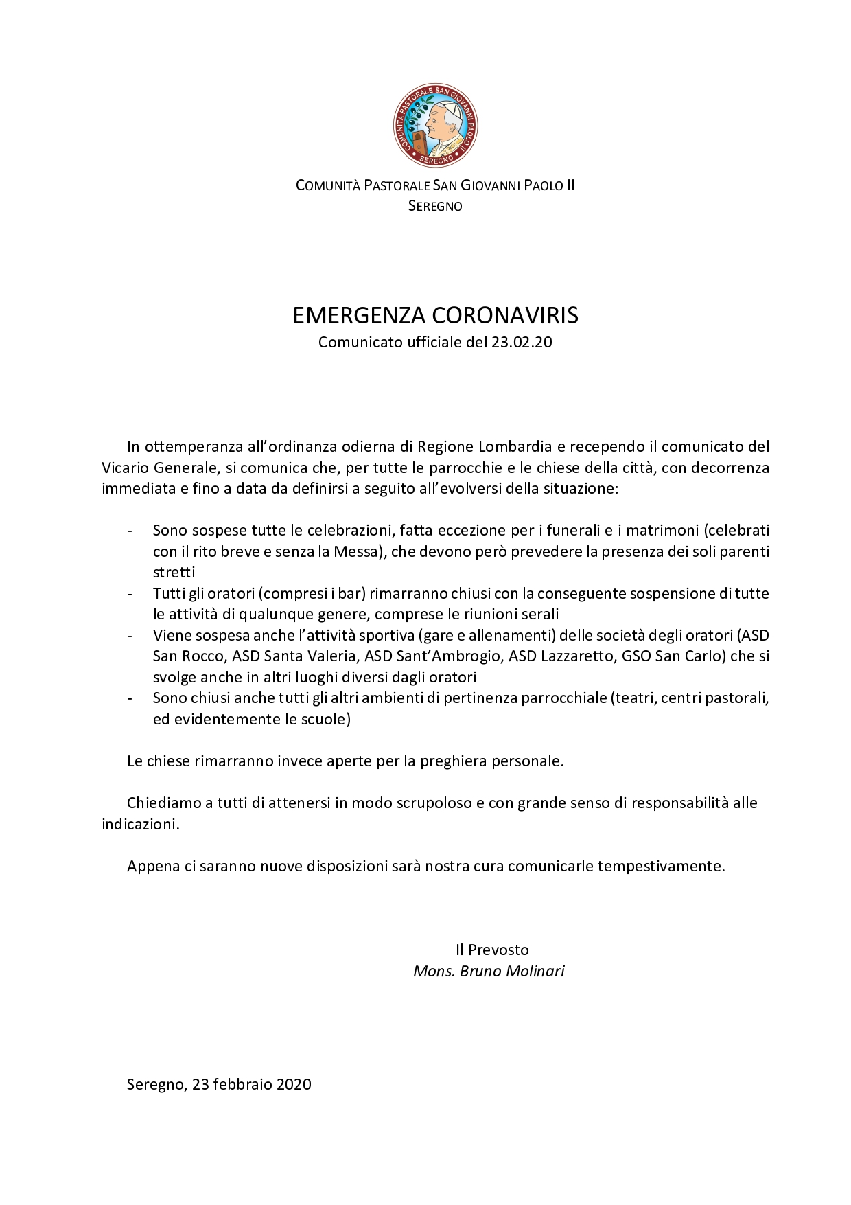 Comunicato Coronavirus 23.02.2020