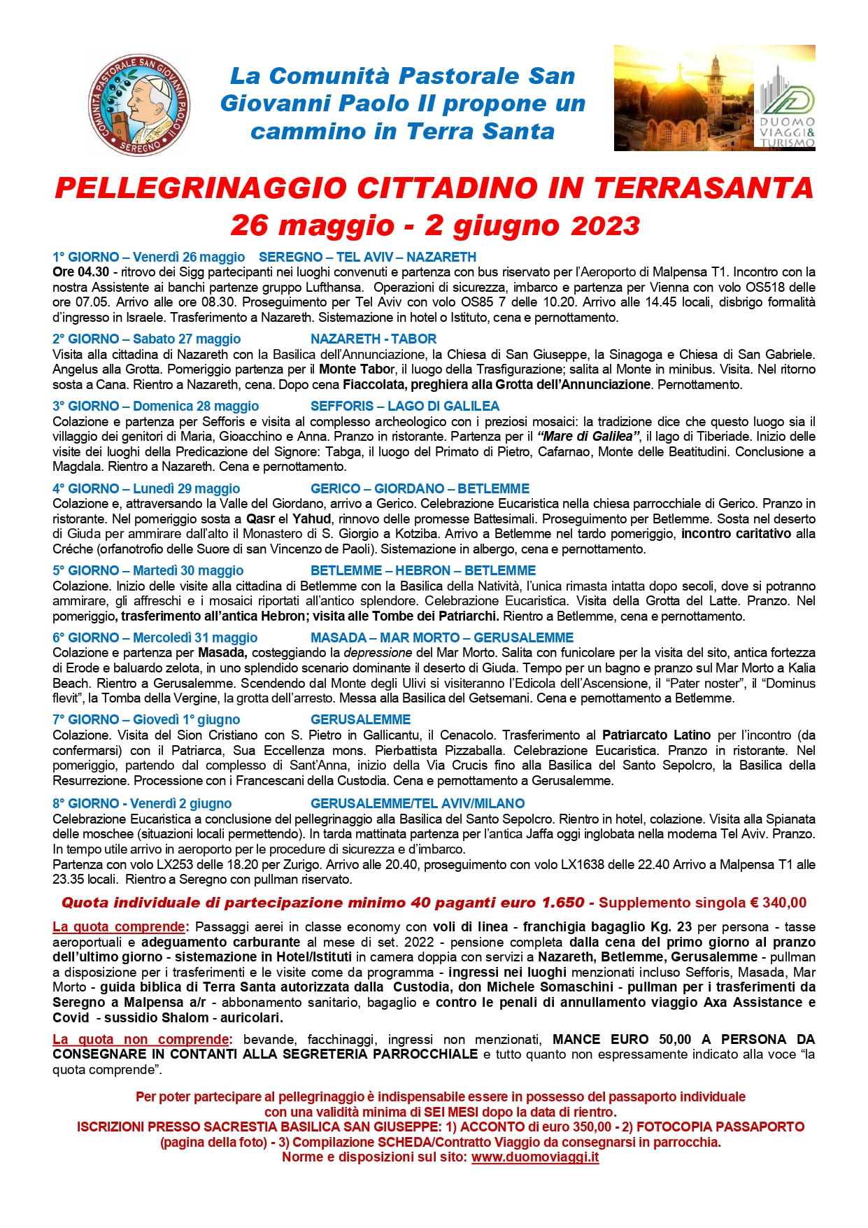 Pellegrinaggio Terra Santa 2023